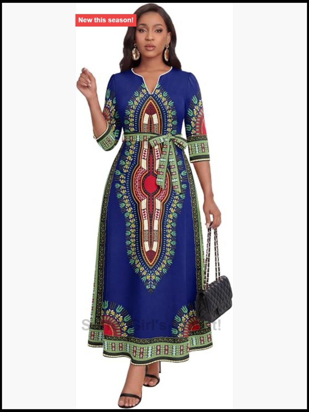 Women's Maxi Dress 3/4 Sleeve A-Line African Print Church Dress with Pocket